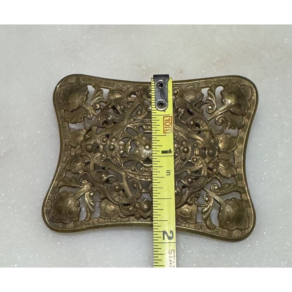 Antique Art Nouveau Rectangle Buckle Brass Brooch Pin Open Work Estate - Picture 4 of 5